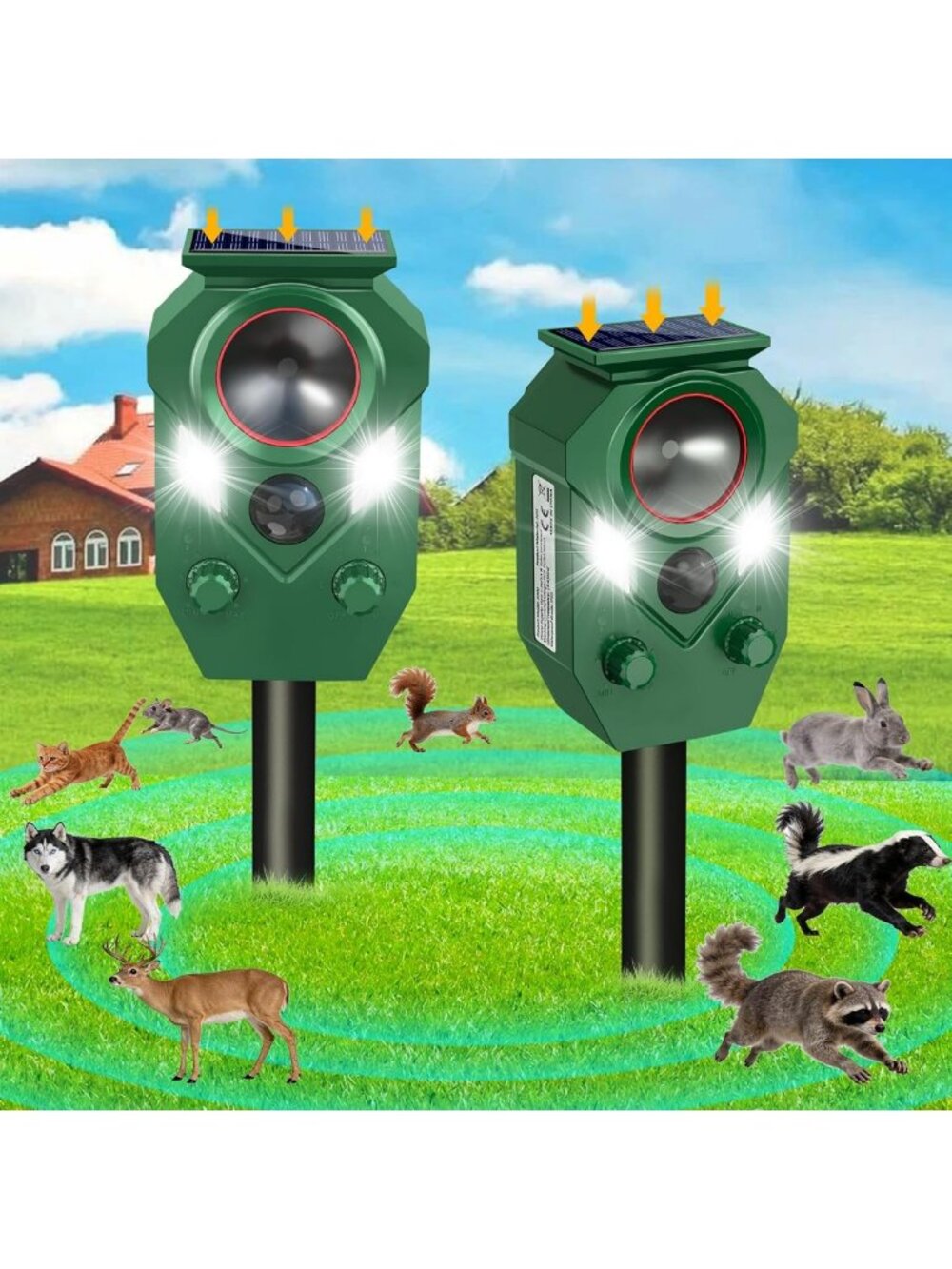 2-Pack Solar Ultrasonic Animal Repeller with PIR Sensor - Eco-Friendly Pest